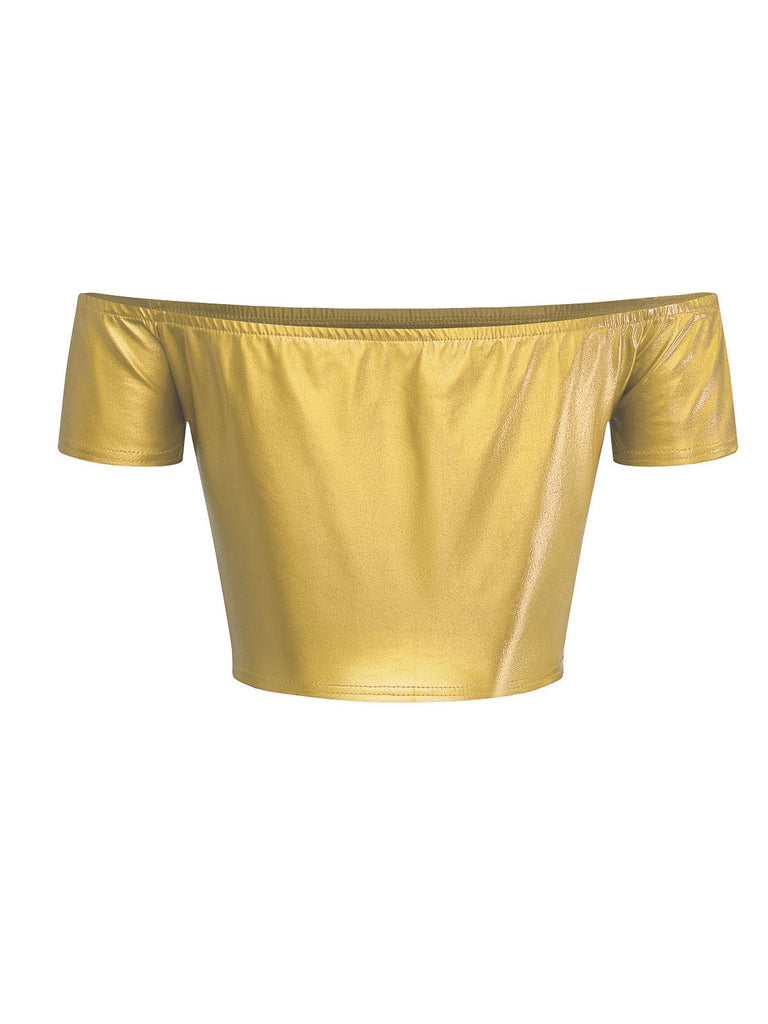 1970er Disco Metallisch Schulterfrei Kurzarm Top