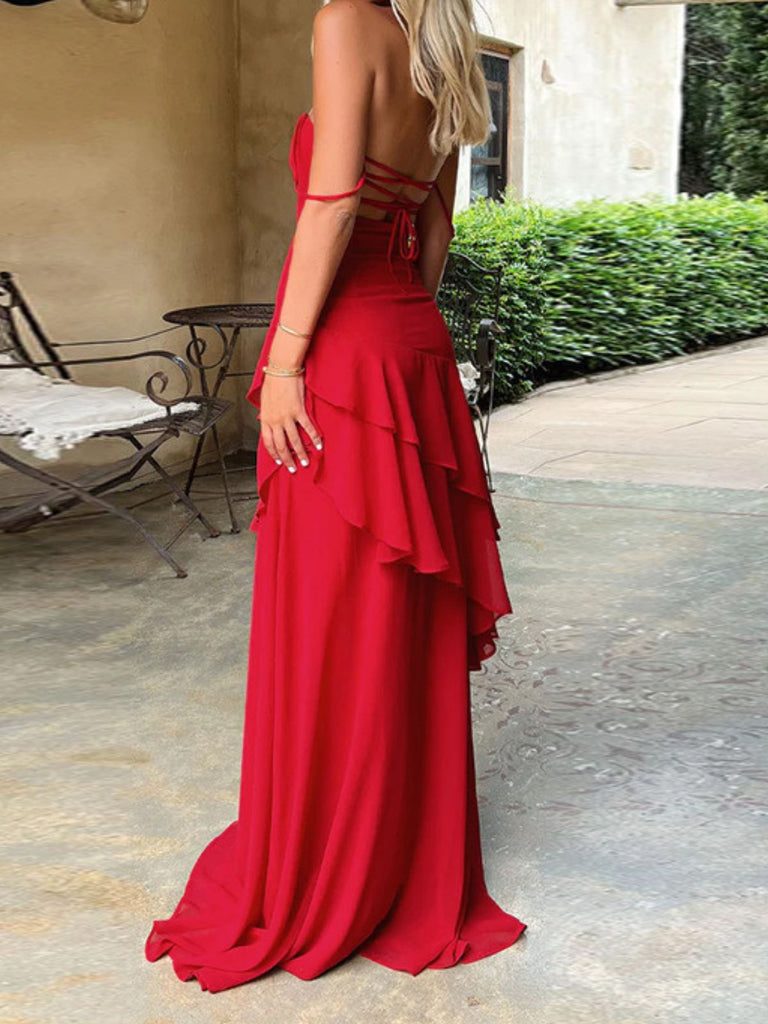 Rot 1930er Solide Urlaub Rüschen Rückenfrei Camisole Kleid