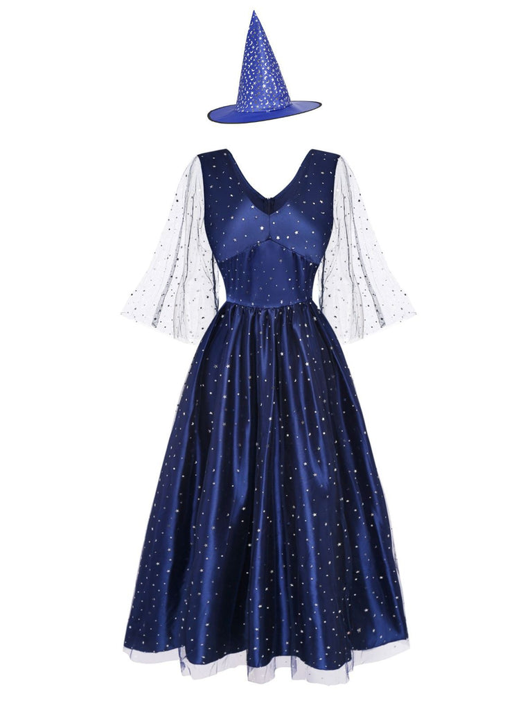 Blau 1970er Halloween Sternenklar Hexe Tüll Kostüm Kleid