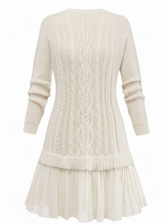 Beige 1940er Solide Zopf Stricken Plissiertes Saum Pullover Kleid