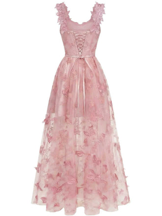 Rosa 1930er Spaghetti Träger 3D Schmetterlinge Netz Maxi Kleid