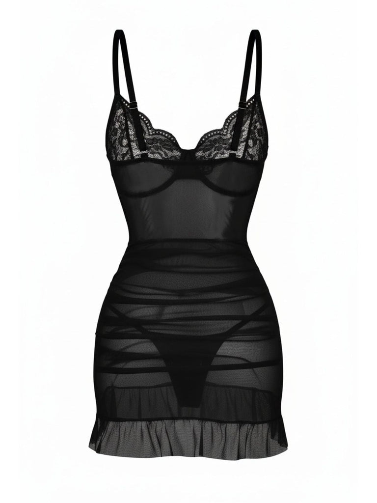 1980er Slip Spitze Bügel Durchsichtig Rüschen Nachthemd