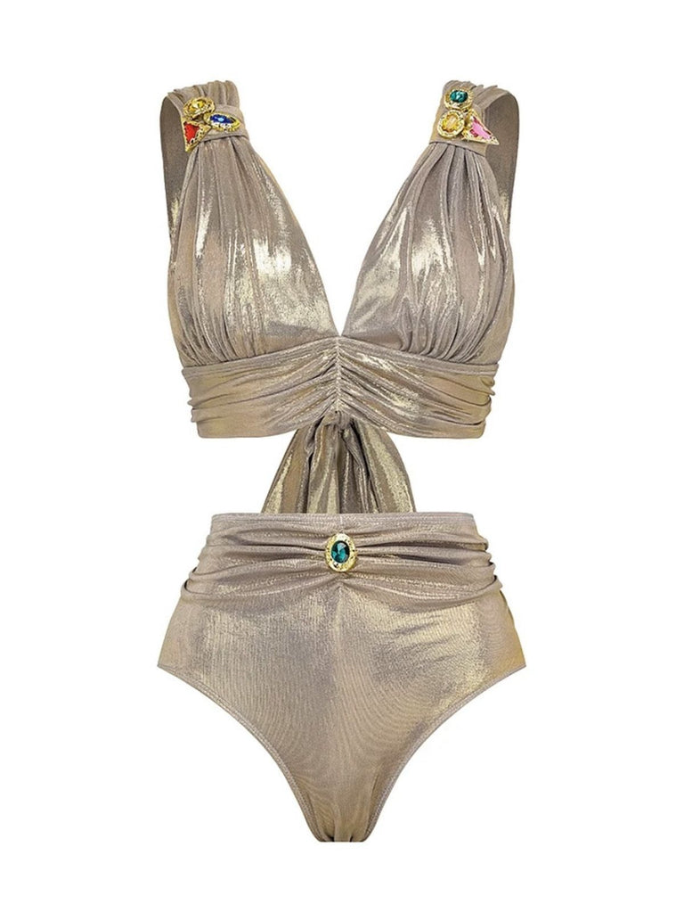 5PCS Gold 1980er Verziert Metallisch Ägyptisch-Inspiriert Bikini Set