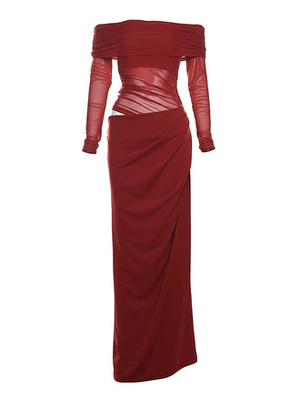 1980er Solide Schulterfrei Netz Cut-Out Durchsichtig Kleid