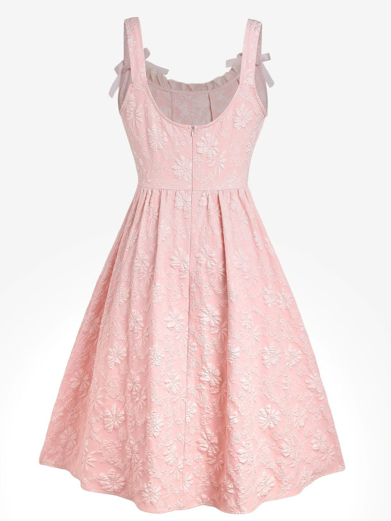 [Vorverkauf] [Übergröße] Rosa 1940er Solide Bogen Geprägt Blumen Kleid
