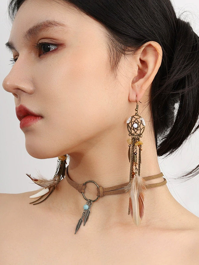 Leder Halsband & Feder Traumfänger Quasten Ohrringe Set