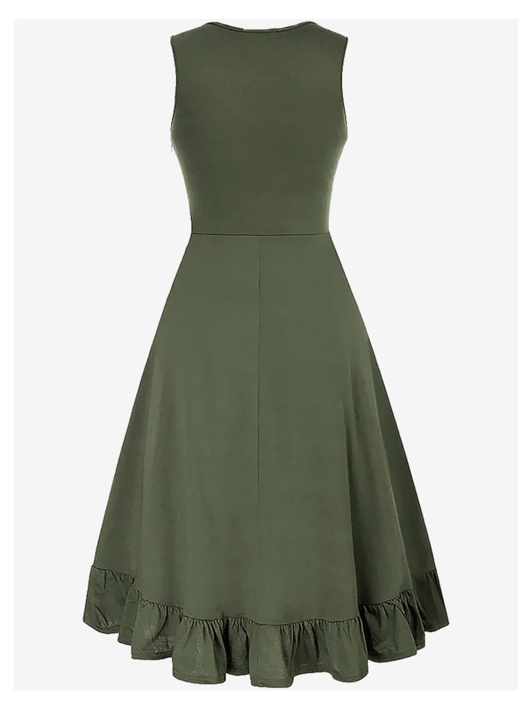 1940er Solide Ärmellos Kordelzug Schnürung Kleid