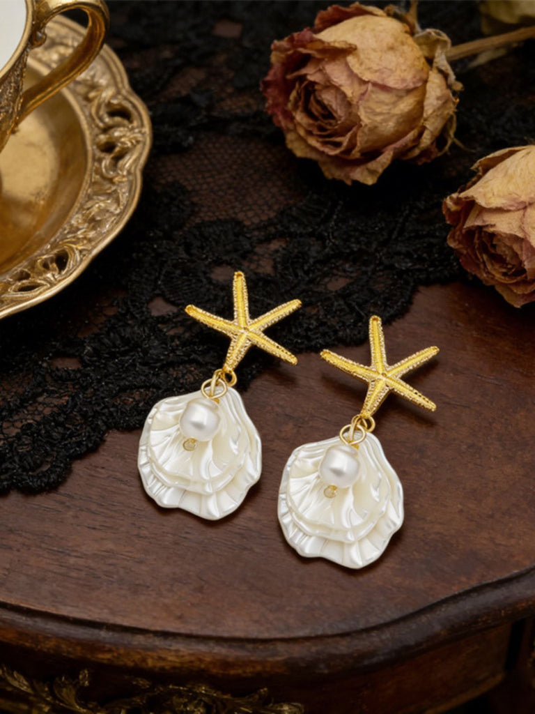 Gold Seestern Muschel Perlen Tropfen Ohrringe