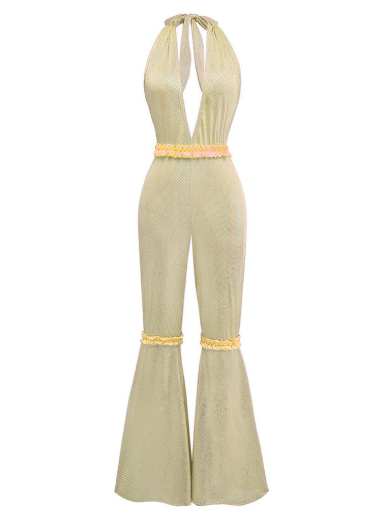 1970er Solide Sheer Tief-V-Ausschnitt Ausgestellt Jumpsuit