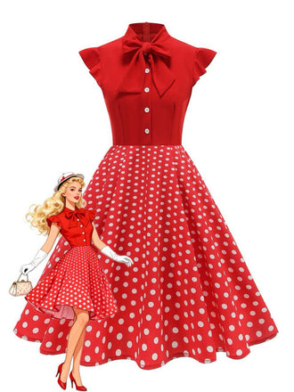1950er Polka Punkte Bogen Swing Kleid
