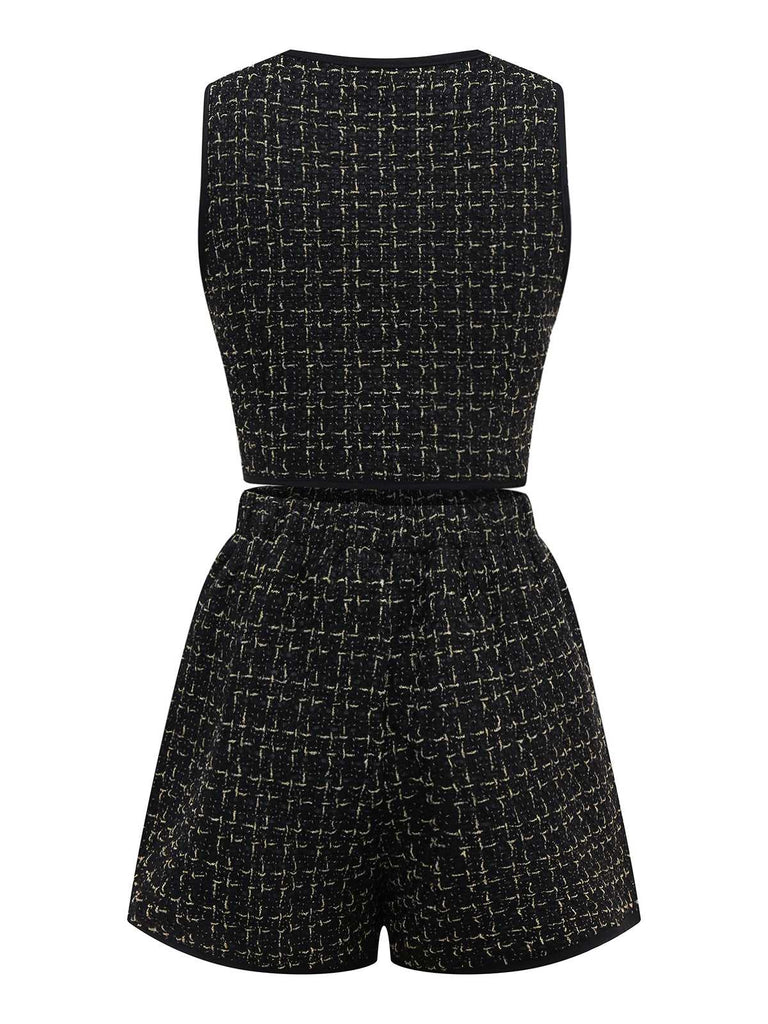 2PCS Schwarz 1970er Tweed Plaids Weste & Shorts
