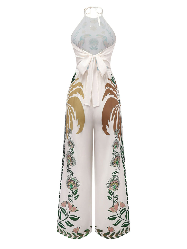 1970er Boho Blumen Zurück Schnürung Patchwork Jumpsuit
