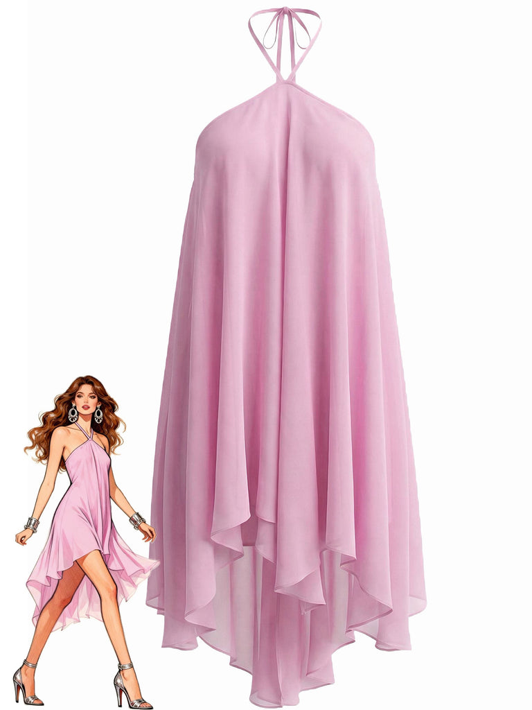 1970er Solide Mehrschichtig Chiffon Binde Babydoll Kleid