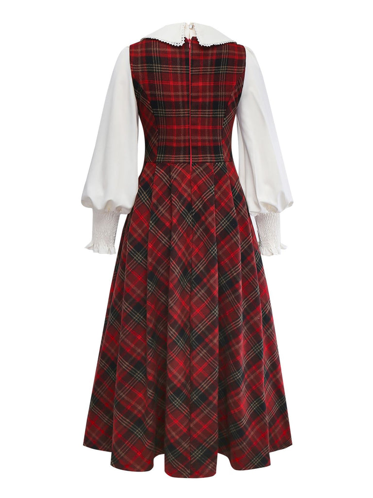2PCS Rot 1940er Peter Pan Kragen Bluse & Plaid Swing Kleid