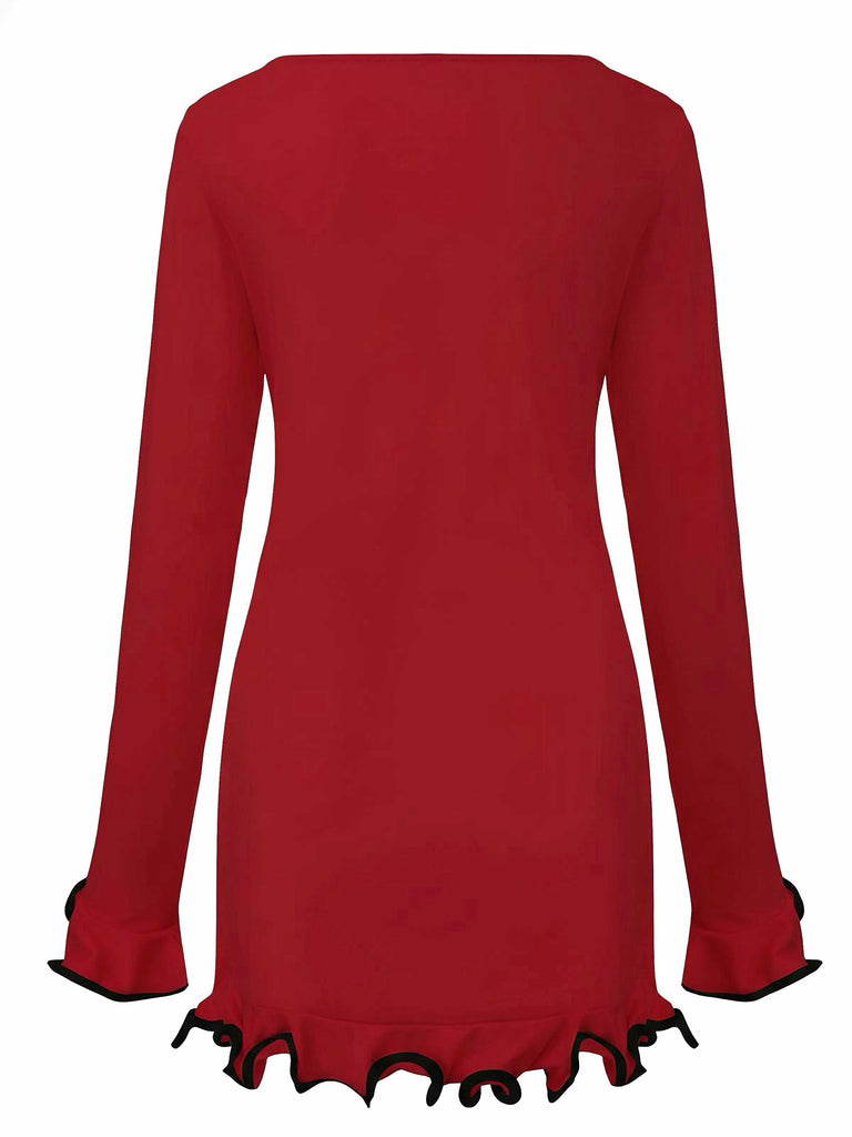 1960er Rüschen Saum Langarm Kleid