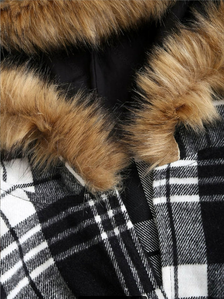 1940er Plaid Toggle Kunstpelzbesatz Hooded Mantel