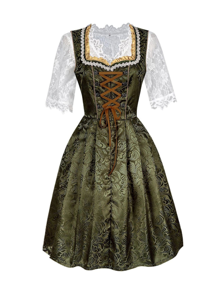 3PCS Grün 1950er Oktoberfest Dirndl Spitze Top & Jacquard Schleife Kleid