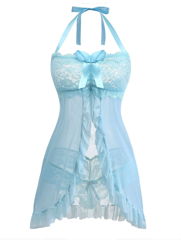 Aqua Blau 1980er Spitze Bogen Dessous Set