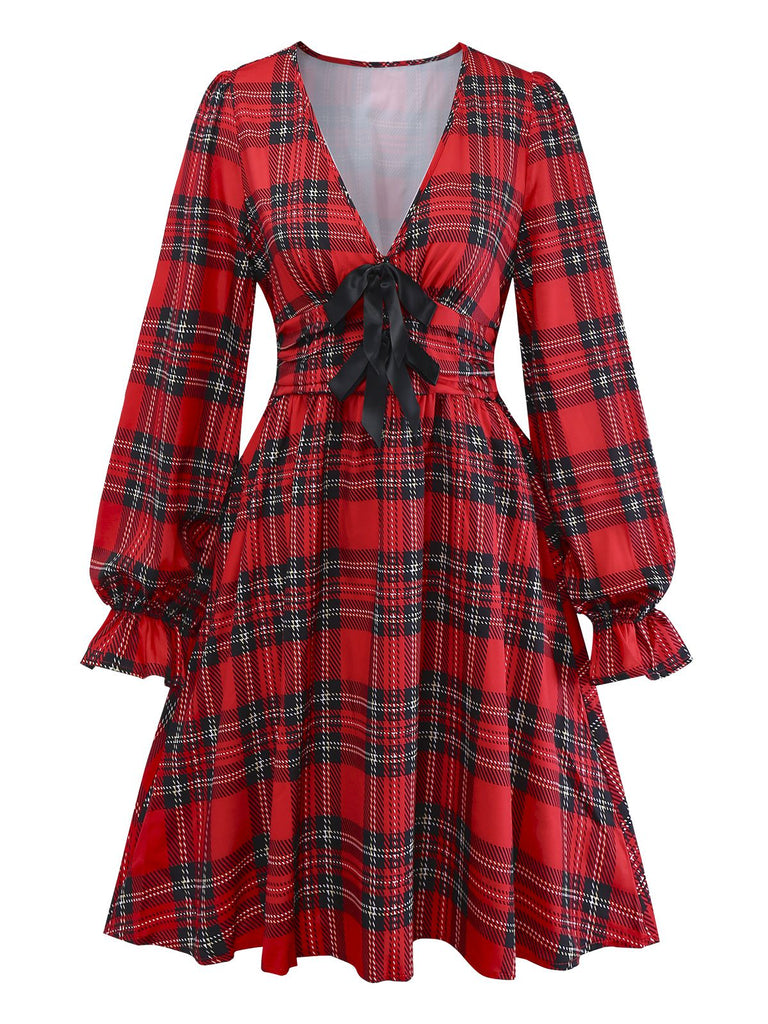 Rot 1950er Plaid Bogen Tief-V Langarm Kleid