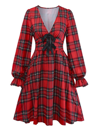 Rot 1950er Plaid Bogen Tief-V Langarm Kleid