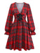 Rot 1950er Plaid Bogen Tief-V Langarm Kleid