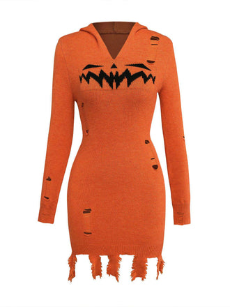 Orange 1970er Halloween Kürbis Stricken Hoodie Kleid