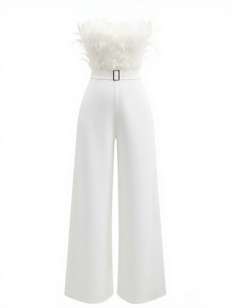 1970er Solide Trägerlos Feder Jumpsuit