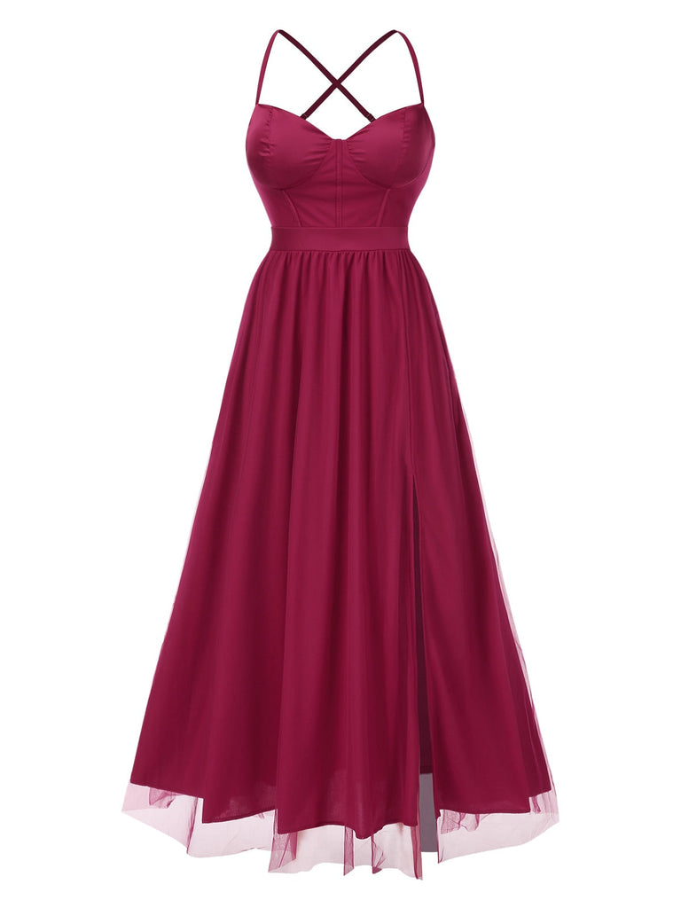 Rot 1930er Solide Netz Spaghetti Träger Abend Kleid