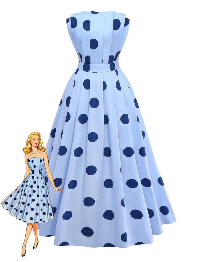 Blau 1940er Polka Punkte Trägerlos Plissiertes Kleid