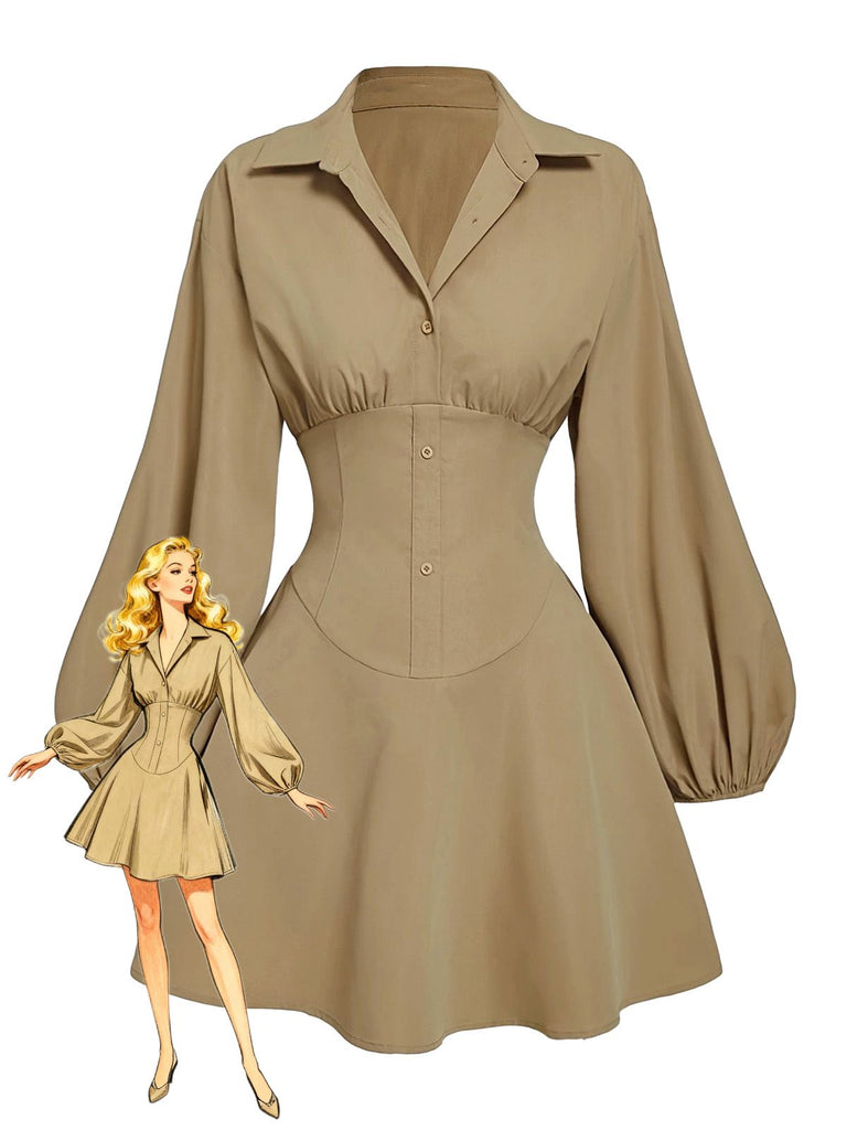 Beige 1960er Puffärmel Elastisch Geschnürt Taille Kleid