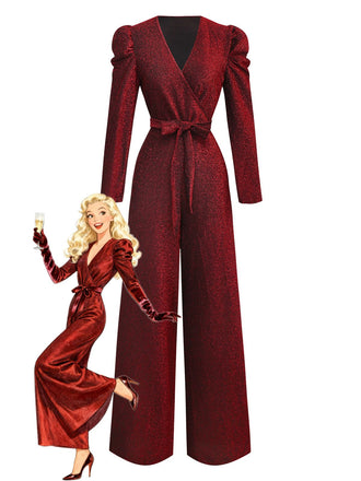 Rot 1980er Funkeln Tief-V Langarm Jumpsuit