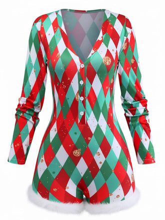 1970er Diamantgitter Weihnachten Plüschsaum Romper