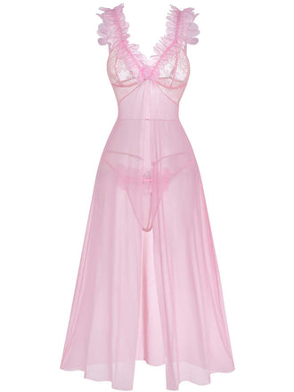 Rosa 1930er 3D Blumen Durchsichtig Netz Spitze Dessous Set