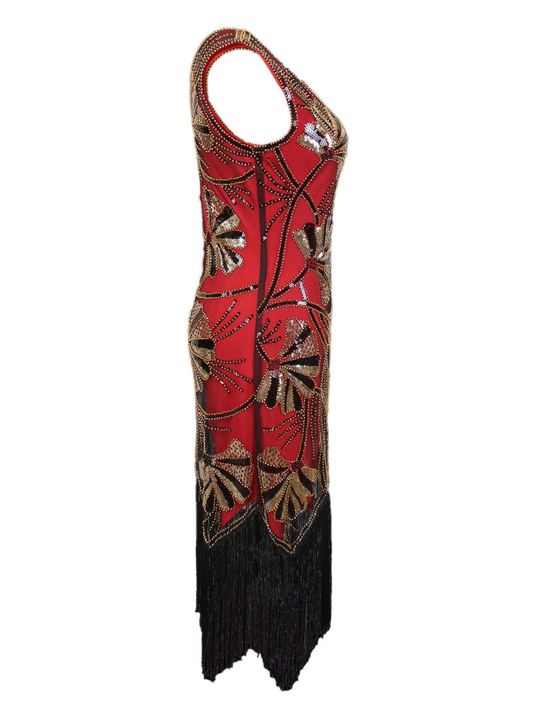 1920er V-Ausschnitt Pailletten Perlenbesatz Flapper Kleid
