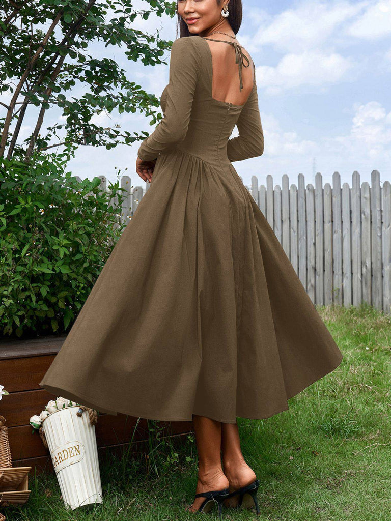 1960er Rückenfrei Schnürung Plissiertes Midi Kleid