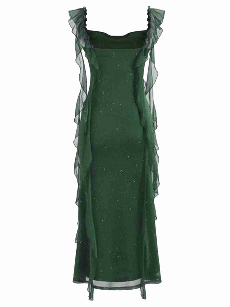 Grün 1920er Funkeln Netz Rüschen Rückenfrei Kleid