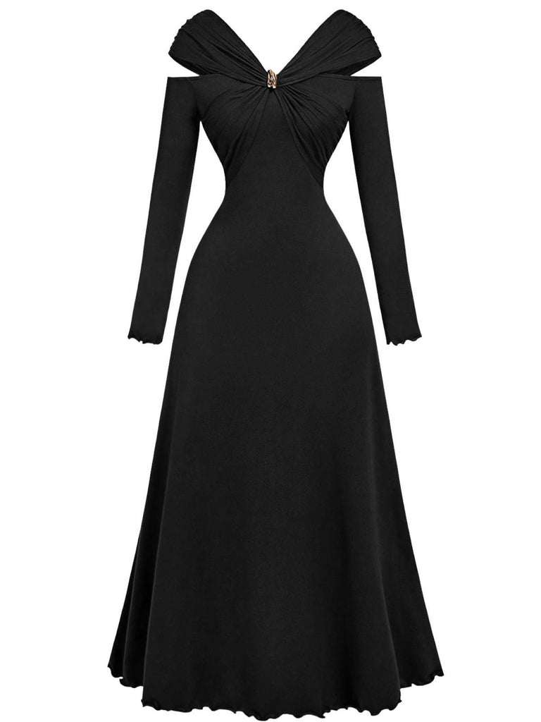 1940er Schulterfrei Langarm Plissiertes Kleid