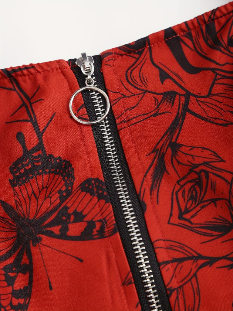 [Übergröße] 1970er Rose Blumen Steampunk Reißverschluss Kleid