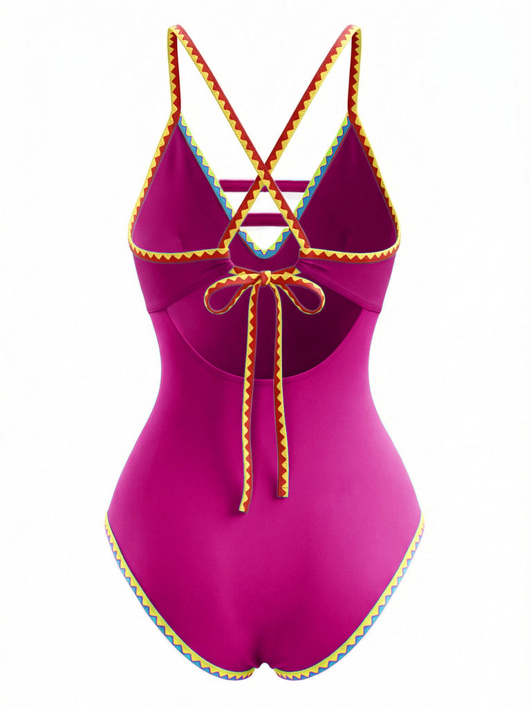 1970er Farbblock Träger Ausschnitt Einteiliger Badeanzug