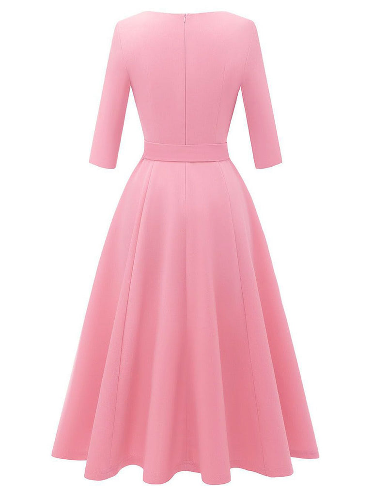 1940er Solide Passform Bogen 3/4 Ärmel Swing Kleid