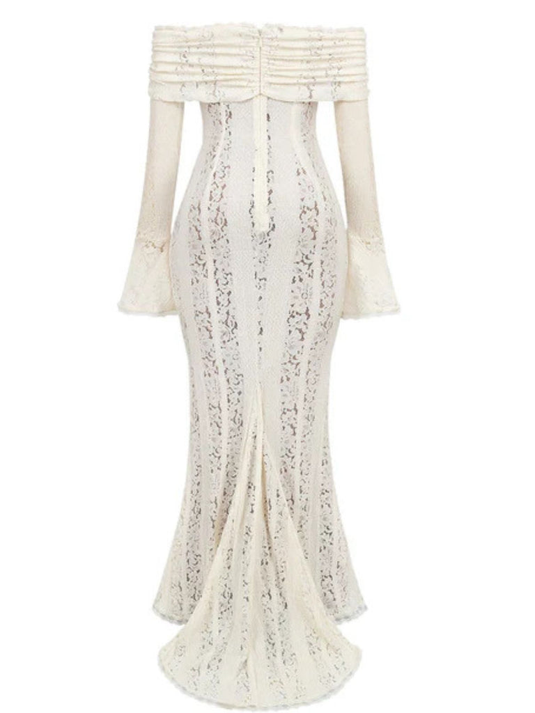 1930er Schulterfrei Spitze Trompetenärmel Maxi Meerjungfrauenkleid