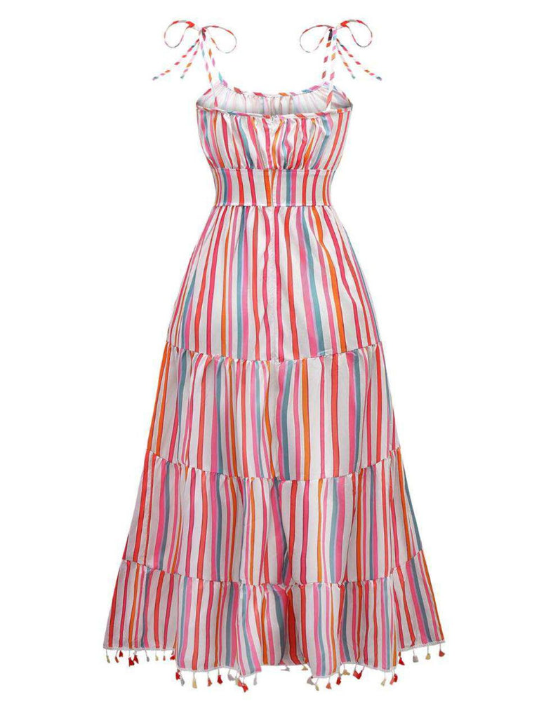 1970er Spaghetti Träger Regenbogen Streifen Stufenkleid