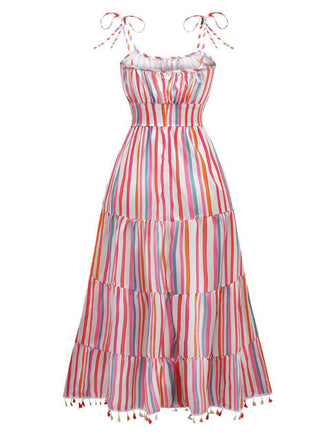 1970er Spaghetti Träger Regenbogen Streifen Stufenkleid