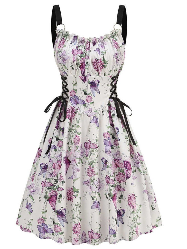 1950er Träger Blumen Schmetterlinge Schnürung Korsett Kleid