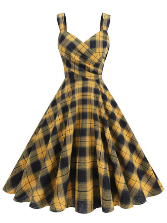 1950er Slip V-Ausschnitt Plaid Swing Kleid