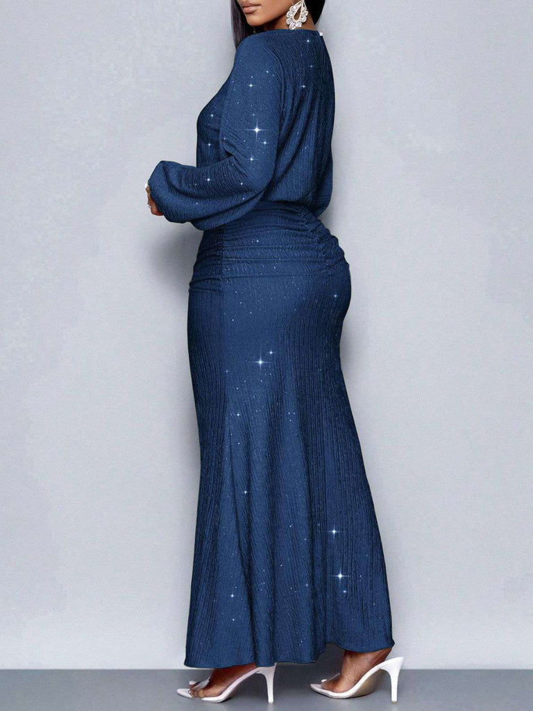 1930er Funkeln Gerüschtes Laternenärmel Stricken Fischschwanz Kleid