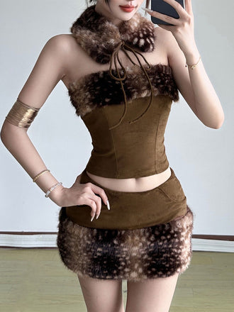 2PCS Braun 1980er Reh Kunstpelz-Verziert Crop Top & Rock