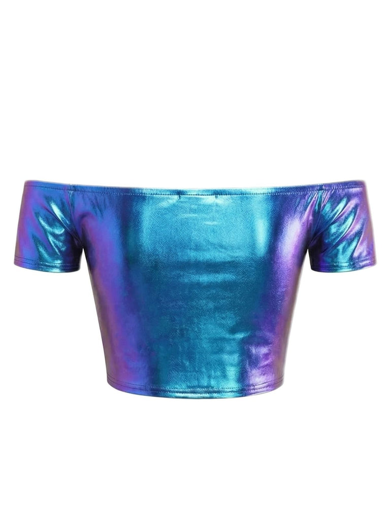 1970er Disco Metallisch Schulterfrei Kurzarm Top