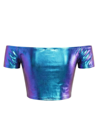 1970er Disco Metallisch Schulterfrei Kurzarm Top