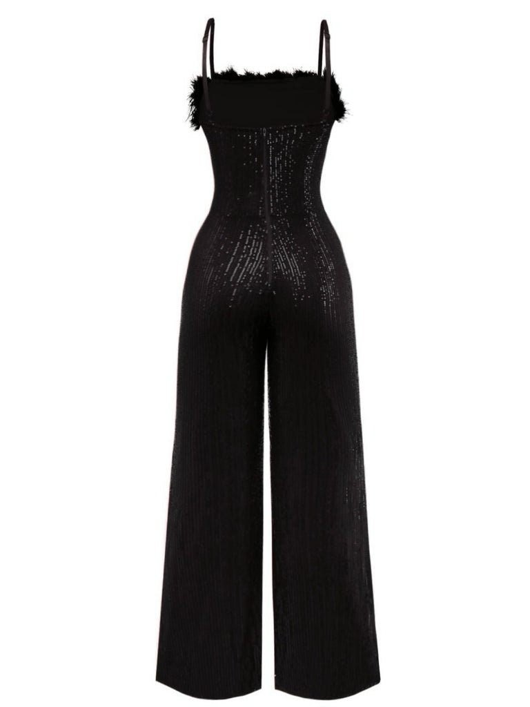 1970er Pailletten Fell Trimmen Patchwork Spaghetti Träger Jumpsuit